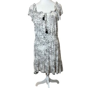 Soma White Black Tropical Leaf Print Dress Size XL Flutter Sleeve Vacation Beach